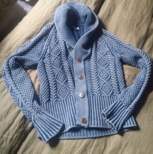 LL Bean Blue Cable Knit Shawl Collar Cardigan